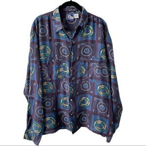 Vintage Abstract Print Silk Button Down Shirt Womens Large
